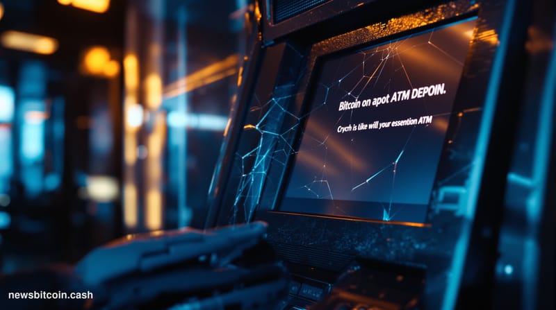 A cinematic photorealistic editorial photograph of a Bitcoin ATM kiosk in an empty convenience store or gas station, dramatic