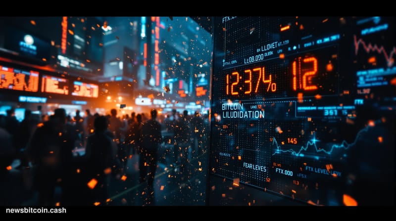 A dramatic cinematic photorealistic editorial photograph showing a massive electronic trading floor or financial district at 