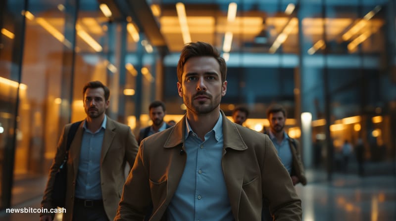 A cinematic photorealistic editorial photograph showing the exterior of a modern glass office building representing the Ether