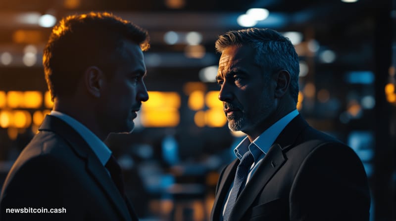A cinematic photorealistic editorial photograph showcasing the intersection of traditional finance and cryptocurrency regulat