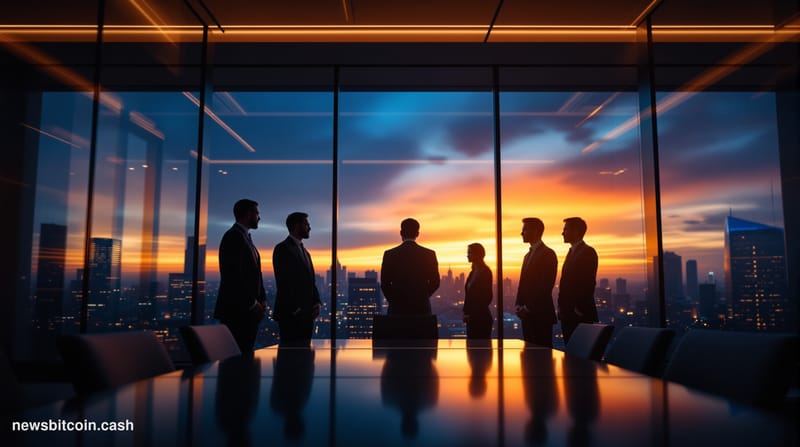 Cinematic photorealistic editorial photograph of a modern fintech company headquarters at golden hour, showing a sleek glass 