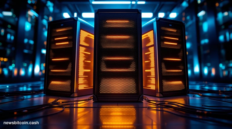 A cinematic photorealistic editorial photograph showing a modern tech office environment with multiple computer monitors disp