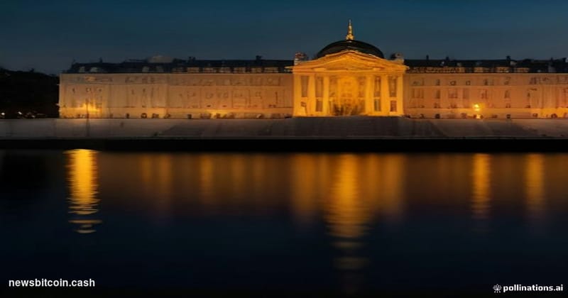 Cinematic photorealistic editorial photograph of the Palais Bourbon — the French National Assembly building in Paris — shot a