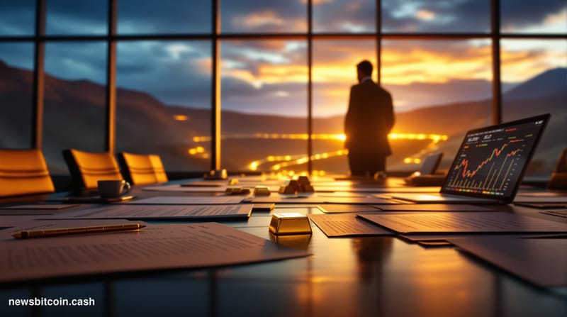 Cinematic photorealistic editorial photograph of a large boardroom table strewn with mining company documents, gold bullion b