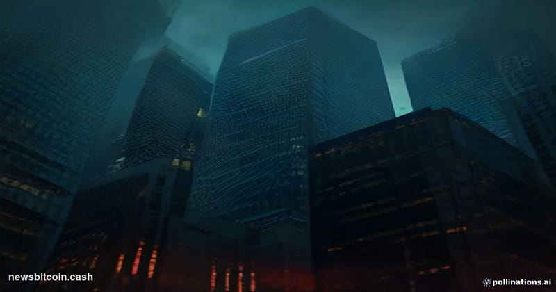 Cinematic photorealistic editorial photograph of the Tokyo financial district at dusk, shot from street level looking upward 