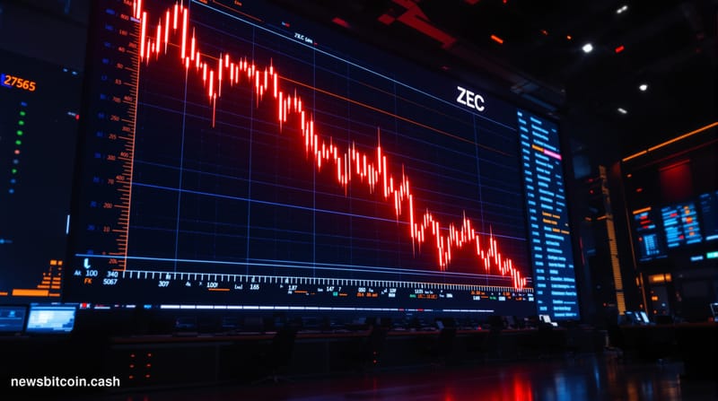Cinematic photorealistic editorial photograph of a large digital trading floor screen displaying a sharp downward price chart
