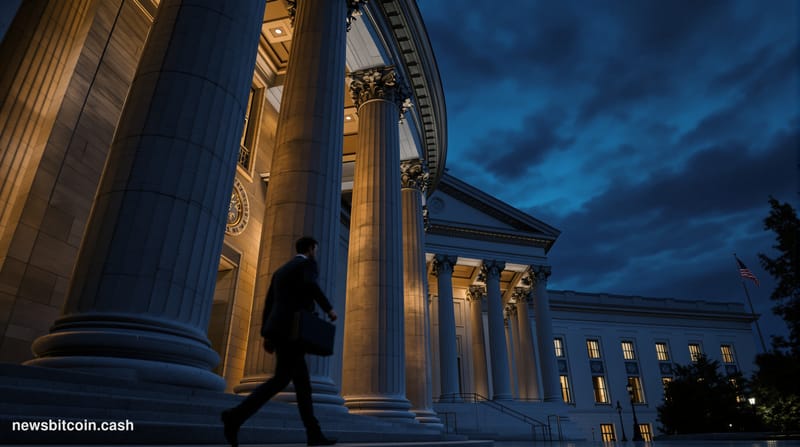 Cinematic photorealistic editorial photograph of the U.S. Treasury building in Washington D.C. shot at dusk from a low angle,
