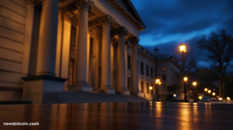 A cinematic photorealistic editorial photograph of the SEC headquarters building in Washington D.C. — the neoclassical stone 