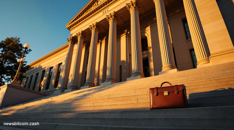 Cinematic photorealistic editorial photograph of the SEC headquarters building in Washington D.C. — a wide-angle shot from a 