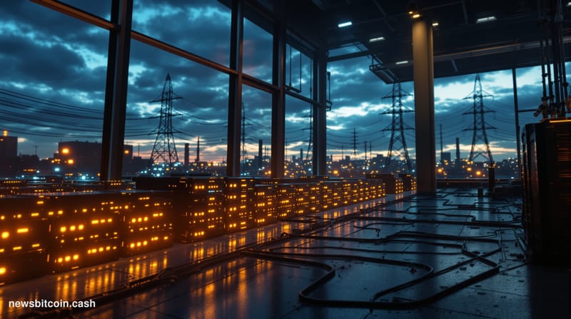 Cinematic photorealistic editorial photograph shot at a large-scale industrial Bitcoin mining facility at dusk, with rows of 