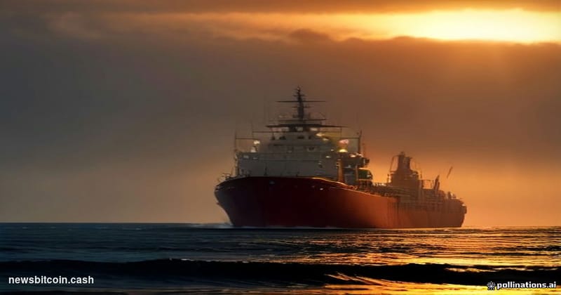 Cinematic photorealistic editorial photograph of an oil supertanker navigating the narrow, haze-shrouded waters of the Strait
