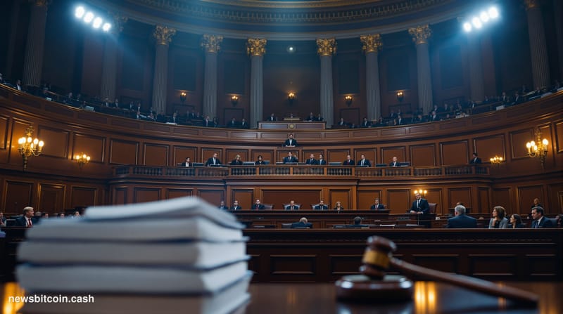 A cinematic photorealistic editorial photograph set inside a grand congressional hearing room on Capitol Hill, Washington D.C
