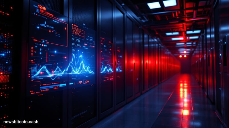 Cinematic photorealistic editorial photograph of a decommissioned server room with emergency red lighting casting long shadow