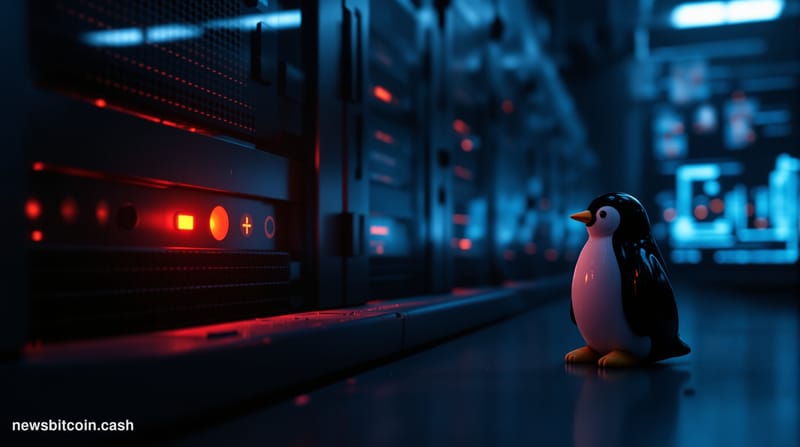 Cinematic photorealistic editorial photograph of a darkened server room with a row of powered-down rack servers, emergency re