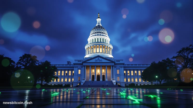 Cinematic photorealistic editorial photograph of the Illinois State Capitol building in Springfield, shot at dusk from a low 