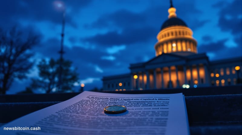 A cinematic photorealistic editorial photograph of the Illinois State Capitol building in Springfield, shot from a low angle 