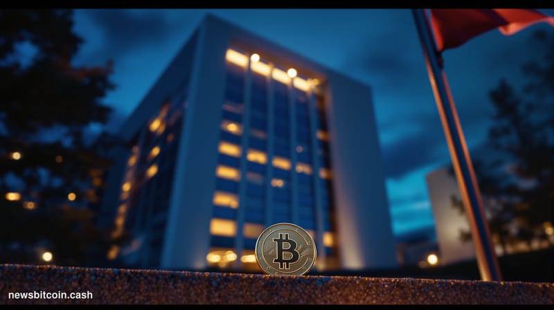 Cinematic photorealistic editorial photograph of the IMF headquarters building in Washington D.C. shot from a low angle at du