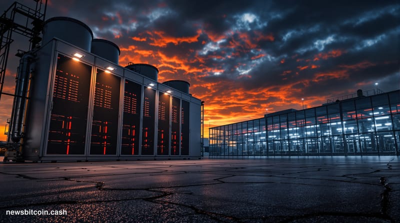 Cinematic photorealistic editorial photograph of a large-scale cryptocurrency mining facility exterior at dusk, shot from a l