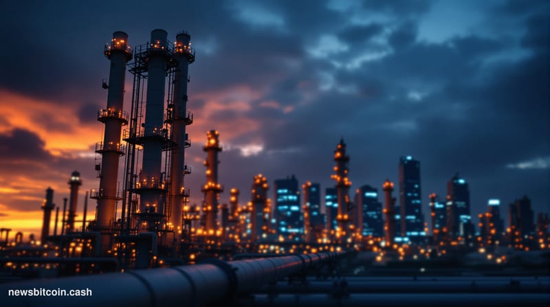 Cinematic photorealistic editorial photograph of a large oil refinery complex at dusk, shot from a low angle with towering di