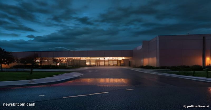 Cinematic photorealistic editorial photograph of Intel's Santa Clara, California headquarters at dusk, the iconic blue "Intel
