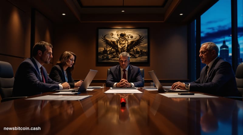 A cinematic photorealistic editorial photograph showing a modern glass-walled conference room during a tense boardroom meetin