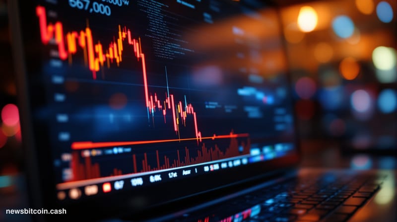 A cinematic photorealistic editorial photograph of Bitcoin trading screens displaying red candlestick charts showing the pric