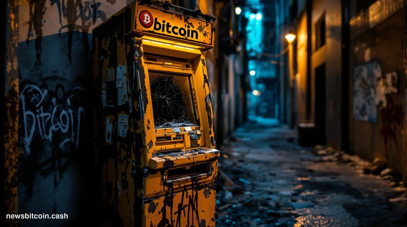 A cinematic photorealistic editorial photograph showing a Bitcoin ATM kiosk in an abandoned or closing retail location, shot 