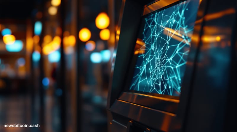 A cinematic photorealistic editorial photograph of a Bitcoin ATM kiosk in an empty convenience store or gas station, dramatic