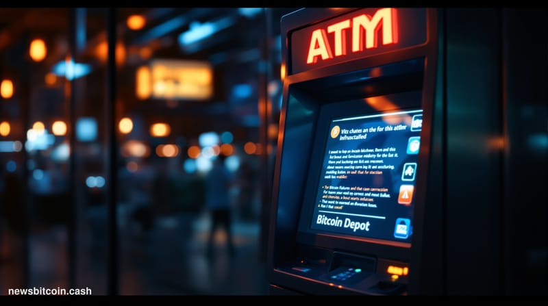 A cinematic photorealistic editorial photograph of a Bitcoin ATM kiosk in an empty convenience store or gas station, dramatic