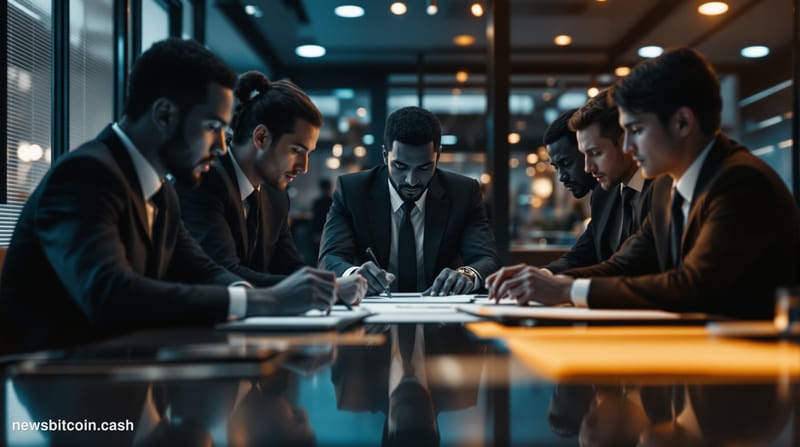 A cinematic photorealistic editorial photograph showcasing the intersection of traditional finance and cryptocurrency regulat