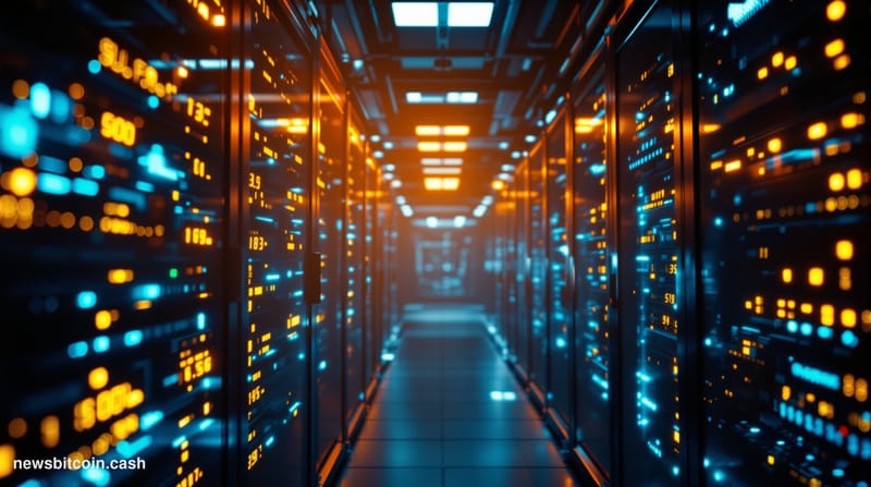 A cinematic photorealistic editorial photograph showing a modern data center server room in partial darkness, with rows of se