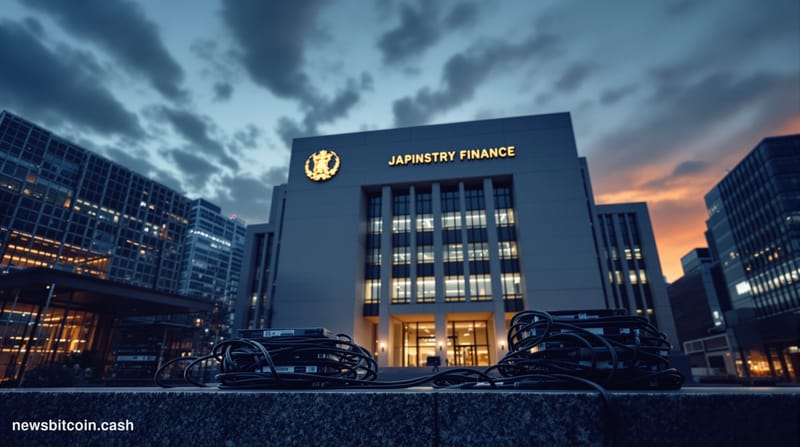 Cinematic photorealistic editorial photograph of the Japanese Ministry of Finance building in Tokyo's Kasumigaseki district, 