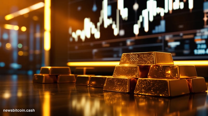 Cinematic photorealistic editorial photograph of stacked physical gold bars arranged in a tight formation on a dark reflectiv