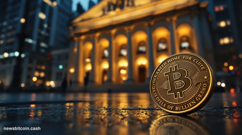 Cinematic photorealistic editorial photograph of the New York Federal Reserve building on Liberty Street, Manhattan, shot fro