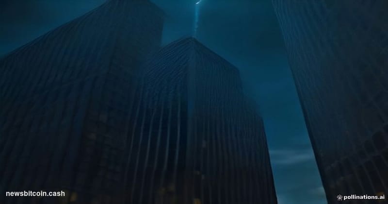 Cinematic photorealistic editorial photograph of JPMorgan Chase's Manhattan headquarters tower at dusk, shot from a low angle