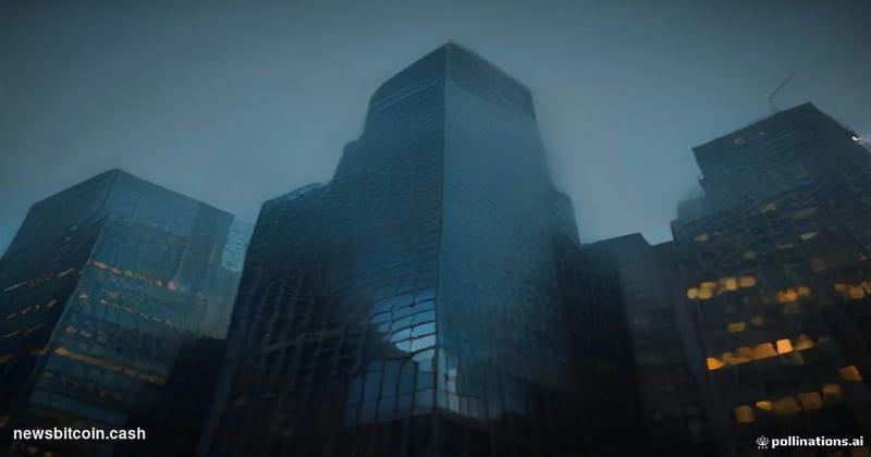 Cinematic photorealistic editorial photograph of JPMorgan's glass-and-steel Manhattan headquarters tower shot from a low angl