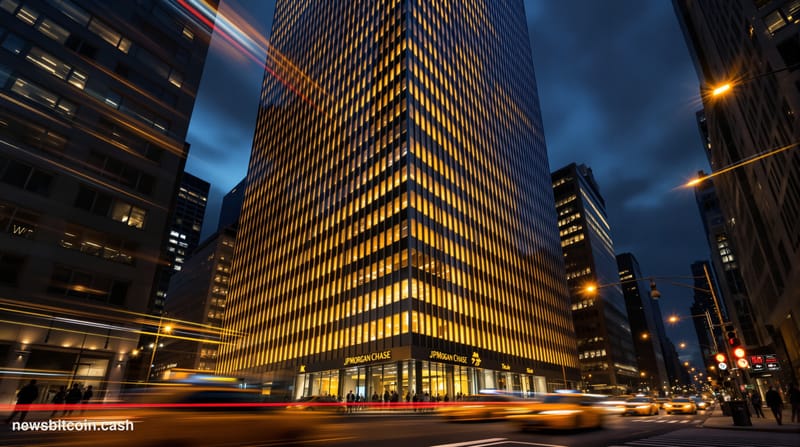 Cinematic photorealistic editorial photograph of JPMorgan Chase's iconic Midtown Manhattan headquarters tower at dusk, shot f