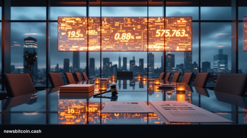 A cinematic photorealistic editorial photograph set inside a sleek Wall Street-style trading floor at dusk, lit by the amber 