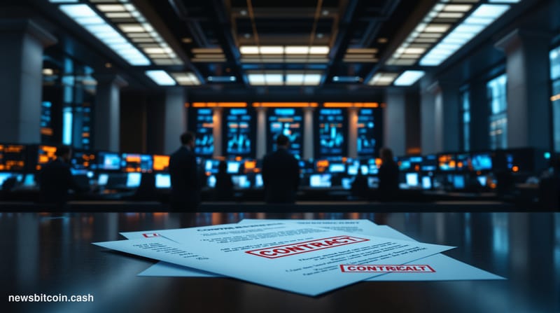 Cinematic photorealistic editorial photograph of a large oil futures trading floor viewed from a low angle, dramatic overhead