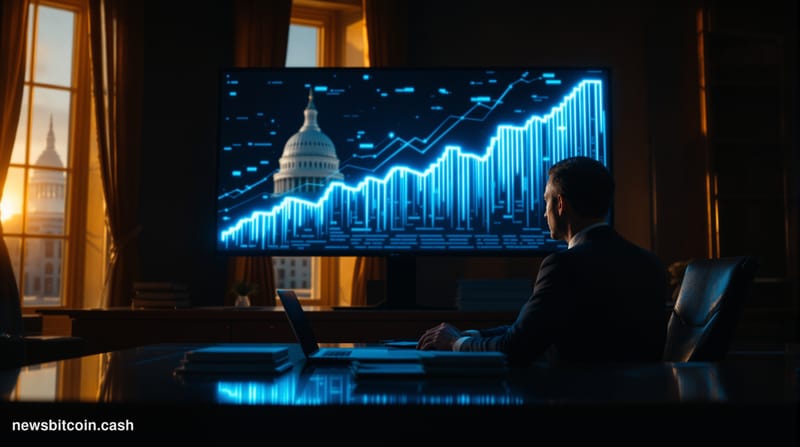 A cinematic photorealistic editorial photograph set in a darkened Washington D.C. policy briefing room, with a large monitor 