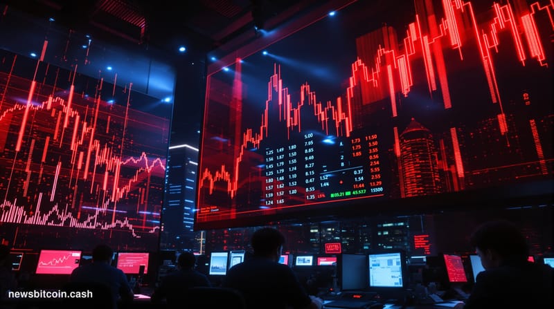 Cinematic photorealistic editorial photograph of the Korea Exchange trading floor in Seoul, South Korea, shot at a low angle 
