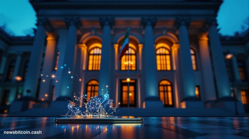 Cinematic photorealistic editorial photograph of a grand Lithuanian neoclassical banking building facade in Vilnius, its ston