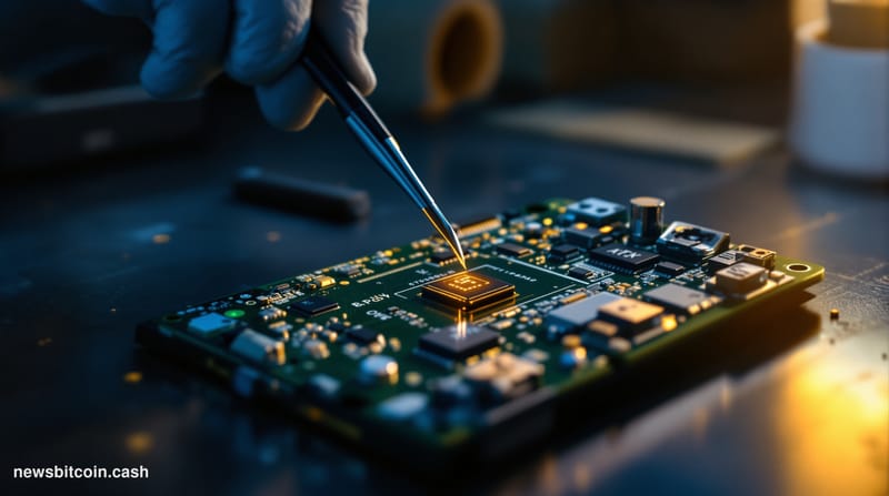 A cinematic photorealistic editorial photograph of a disassembled hardware cryptocurrency wallet on a stainless steel workben
