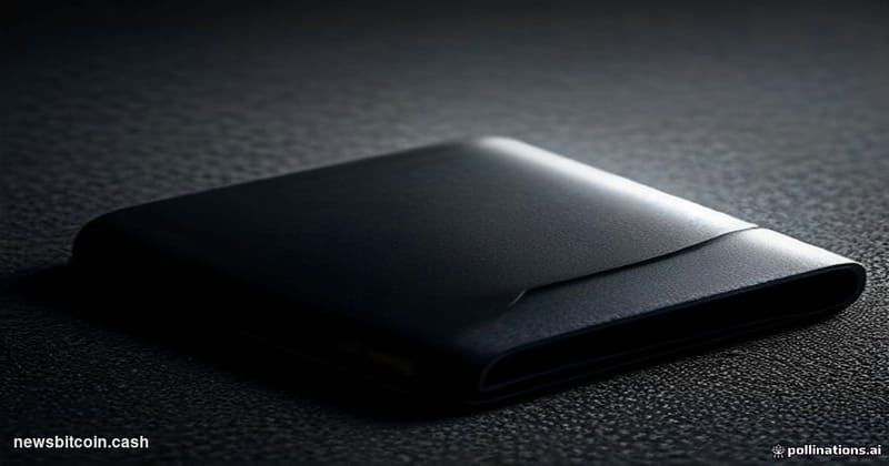 Cinematic photorealistic editorial photograph of a Ledger hardware wallet device — the iconic black rectangular form factor —