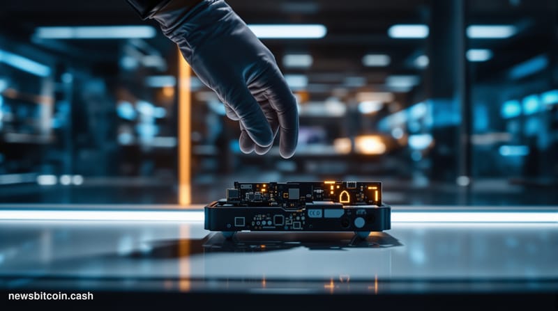 A cinematic photorealistic editorial photograph shot at low angle inside a dimly lit electronics retail display case, foregro