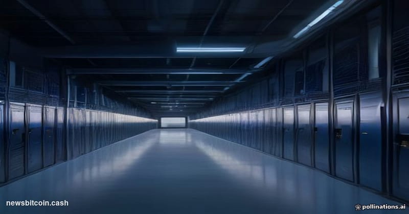 Cinematic photorealistic editorial photograph of a large-scale data center facility at dusk, shot from a low angle looking up
