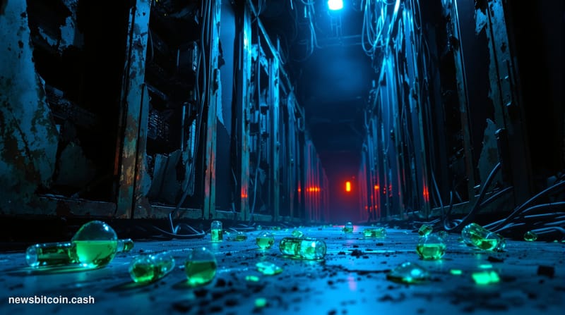 Cinematic photorealistic editorial photograph of a cracked and weathered Ethereum-era server vault deep underground, lit by a