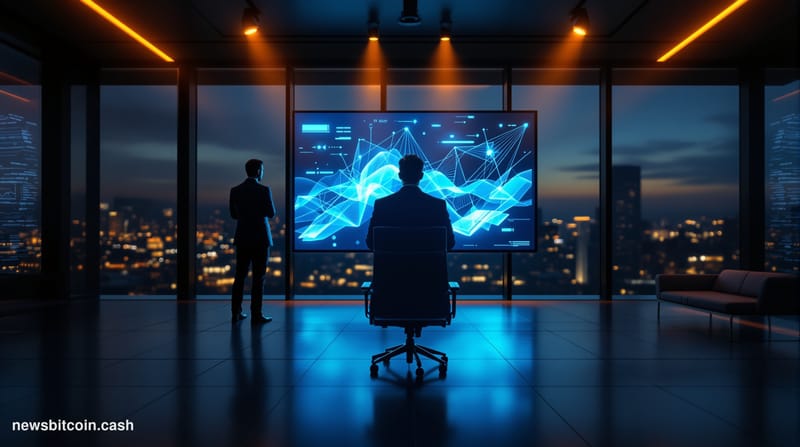 A cinematic photorealistic editorial photograph set inside a sleek, dimly lit corporate boardroom with floor-to-ceiling glass