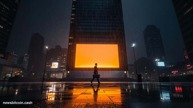 A cinematic photorealistic editorial photograph shot at ground level looking up at a towering digital billboard in a rain-sli