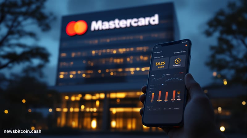 Cinematic photorealistic editorial photograph shot at ground level looking up at Mastercard's iconic Purchase, New York corpo